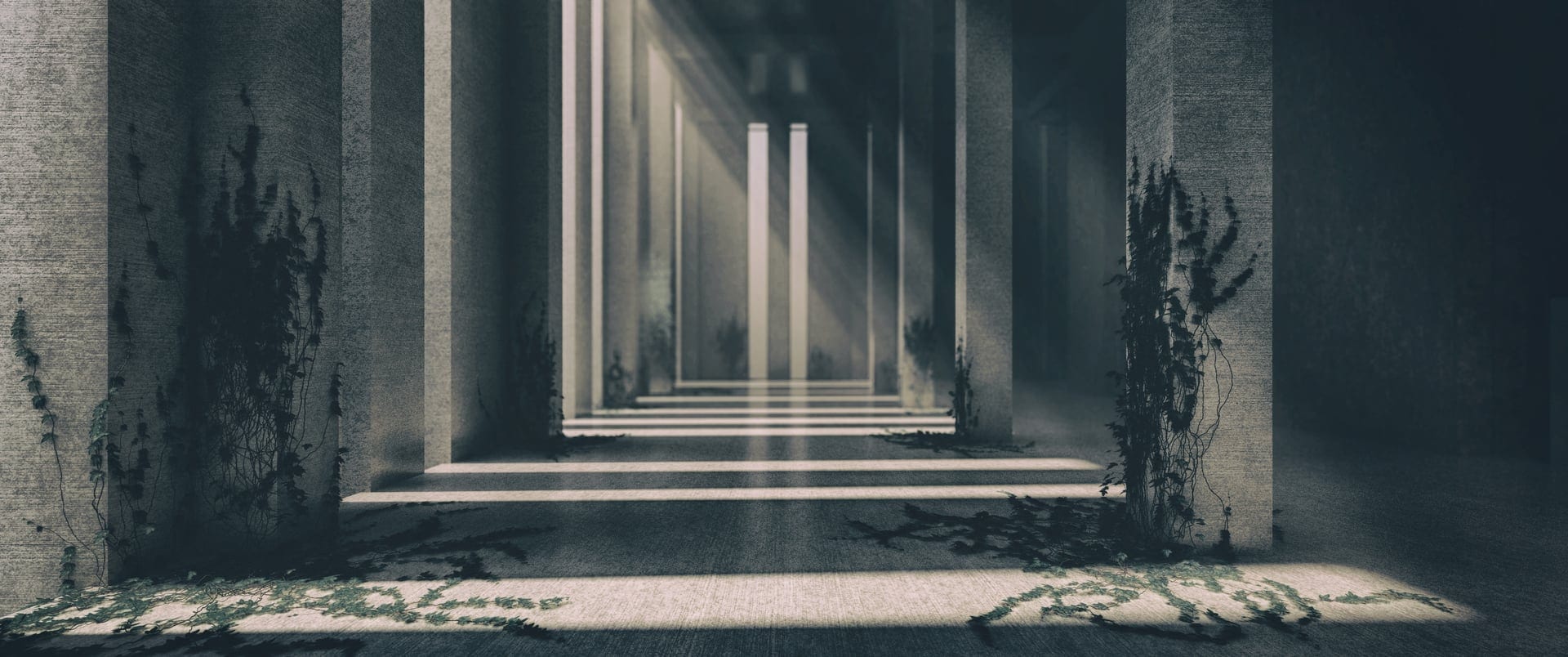 Randare arhitecturala — coloane de beton cu lumina filtrata