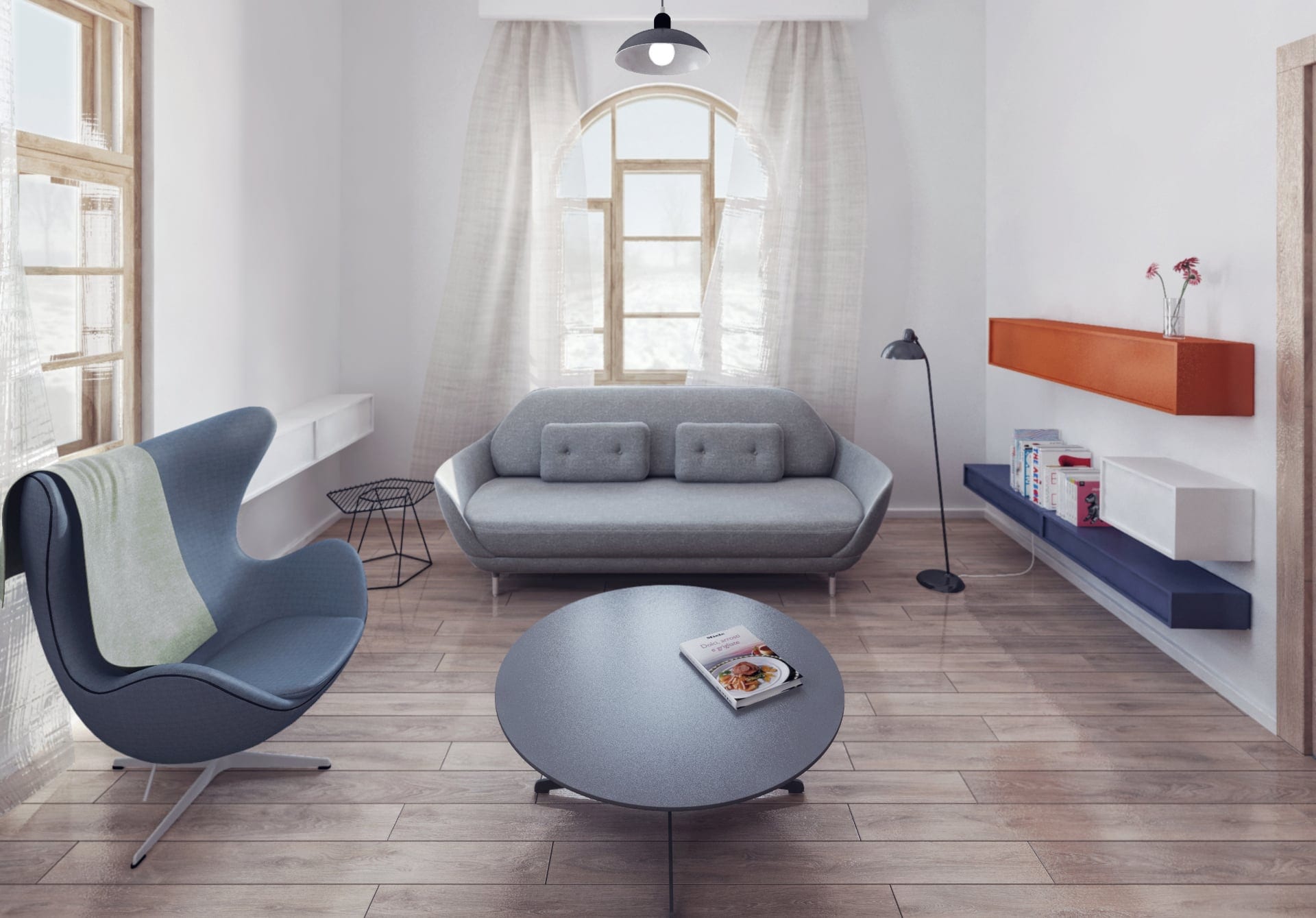 Randare interior — living contemporan cu fotoliu Egg si canapea gri