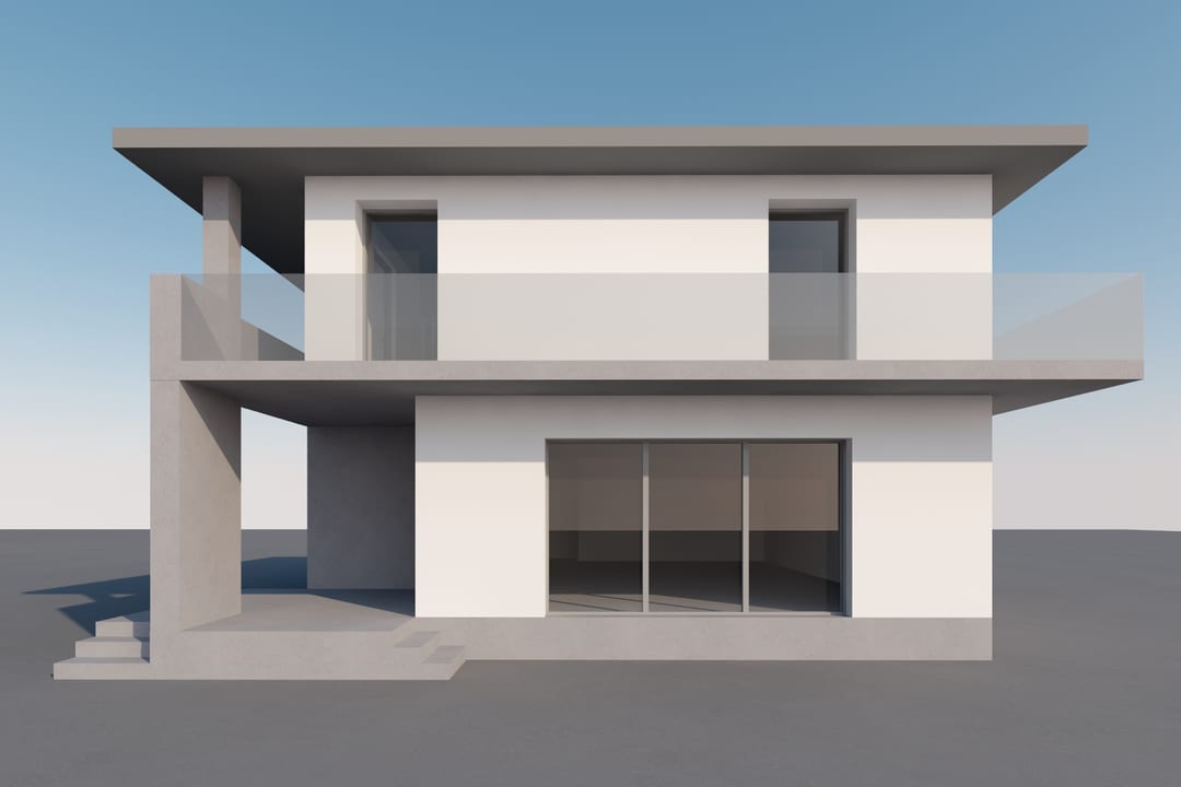 Casa Aeroport — randare fațadă frontală cu console orizontale