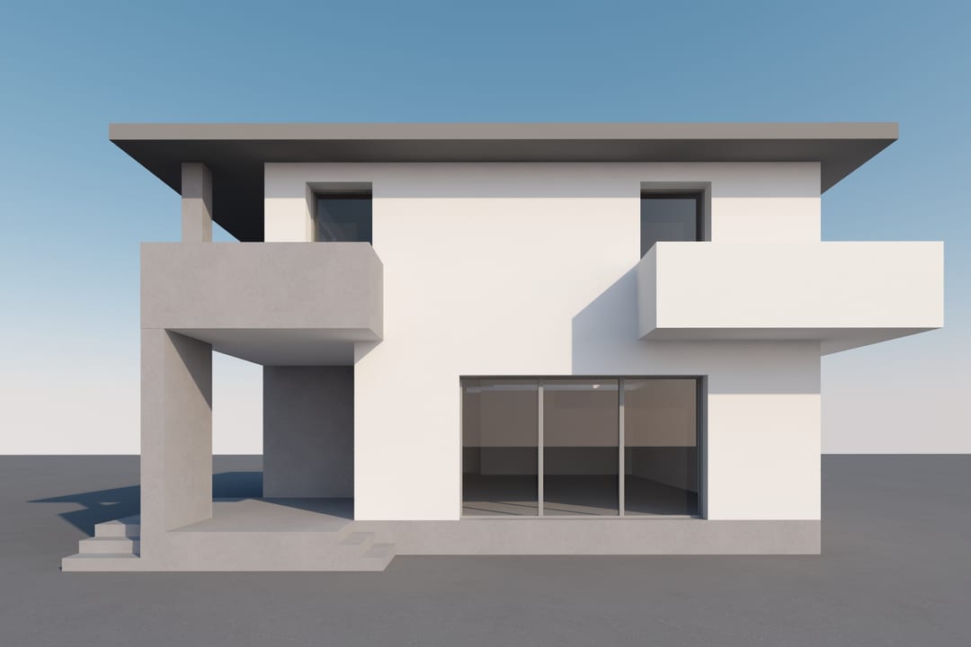 Casa Aeroport — randare fațada principală, volumetrie contemporană