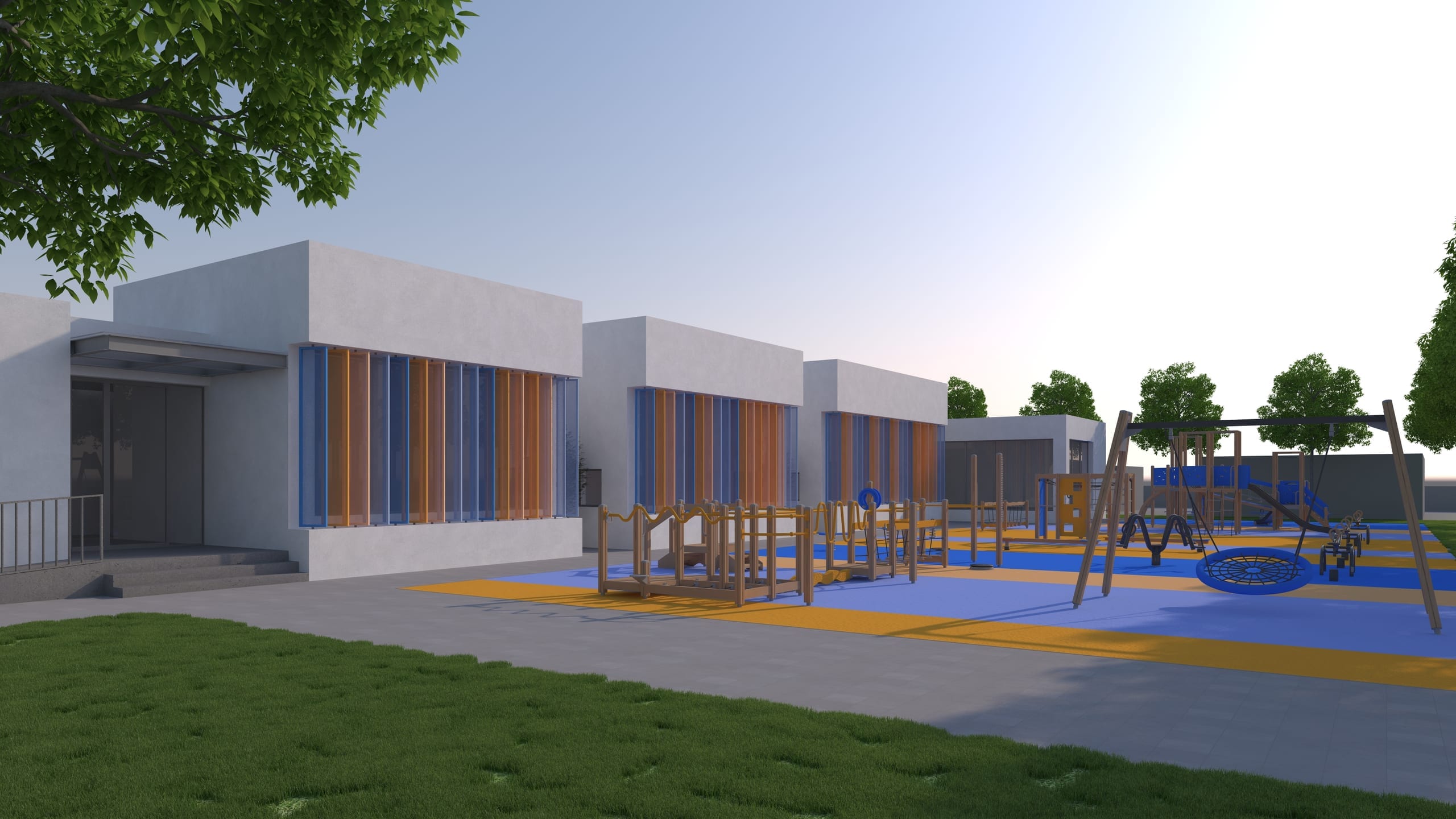 Grădinița Benești — perspectivă de colț, limbajul arhitectural