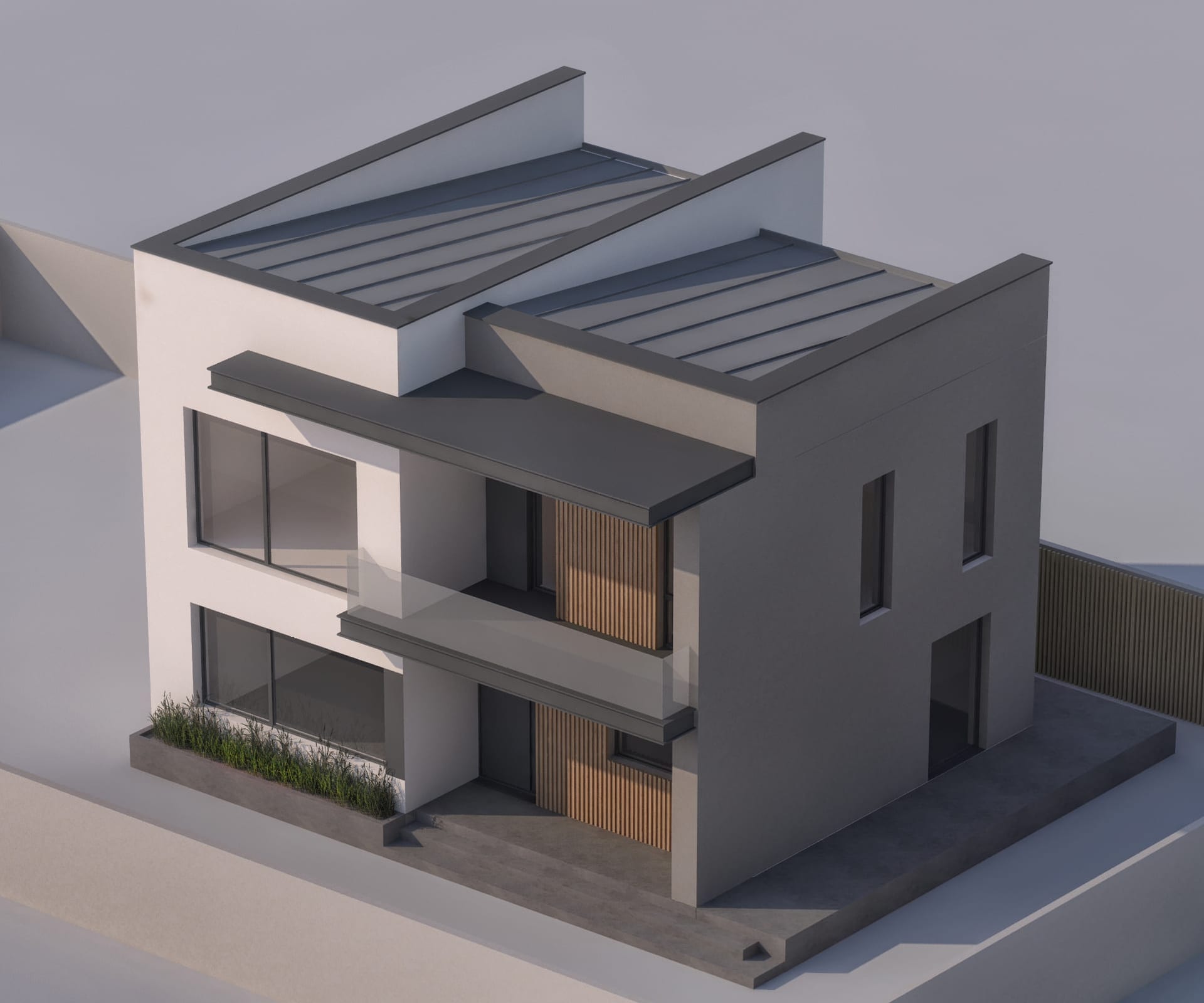 Casa Băluță — randare cu accentele verticale din lemn