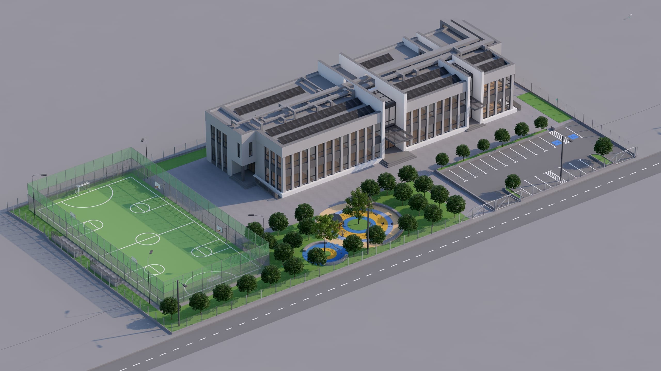 Școala Ocolna — aeriană cu ansamblul și parcarea