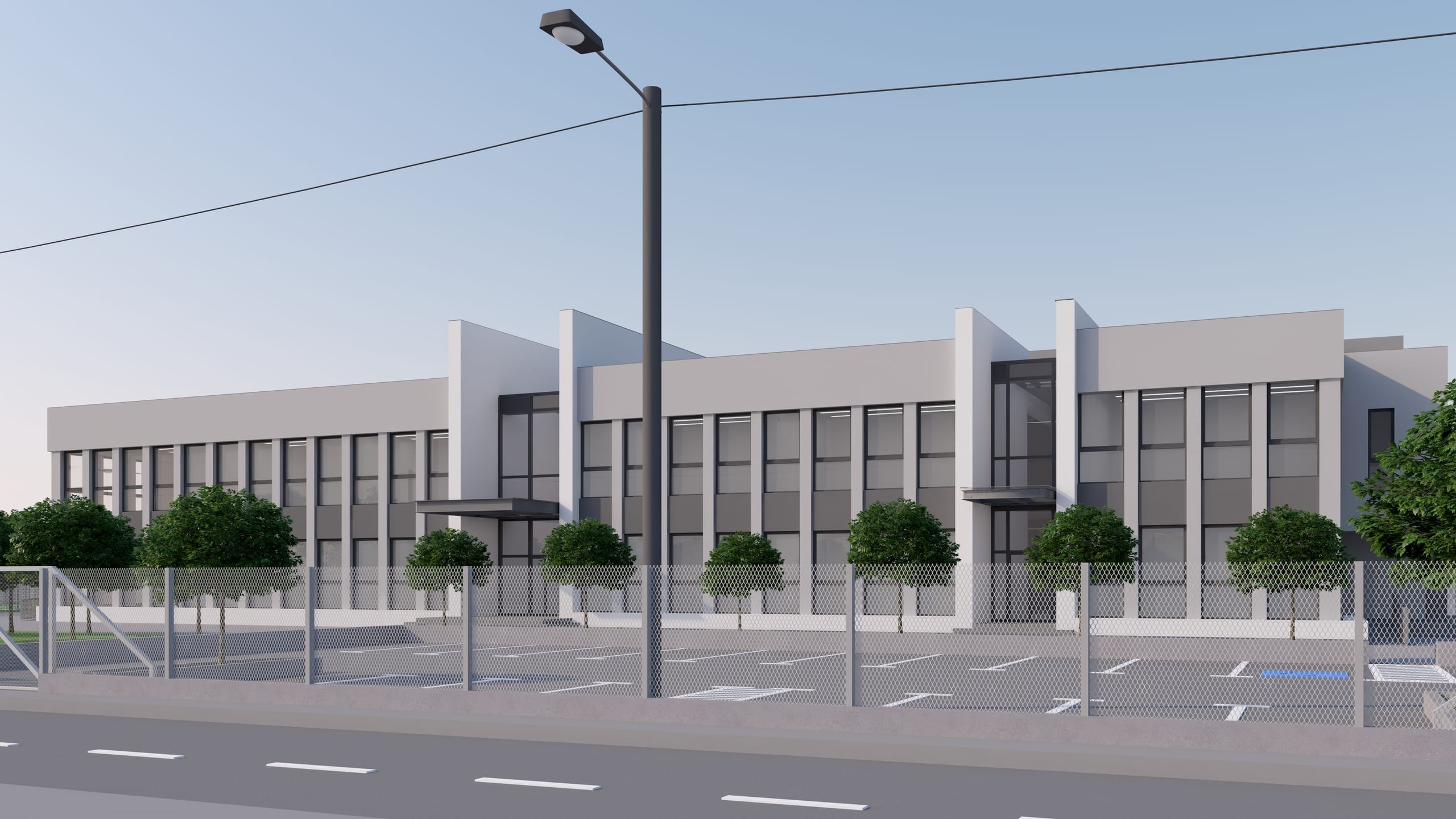 Școala Ocolna — perspectivă stradală cu împrejmuirea