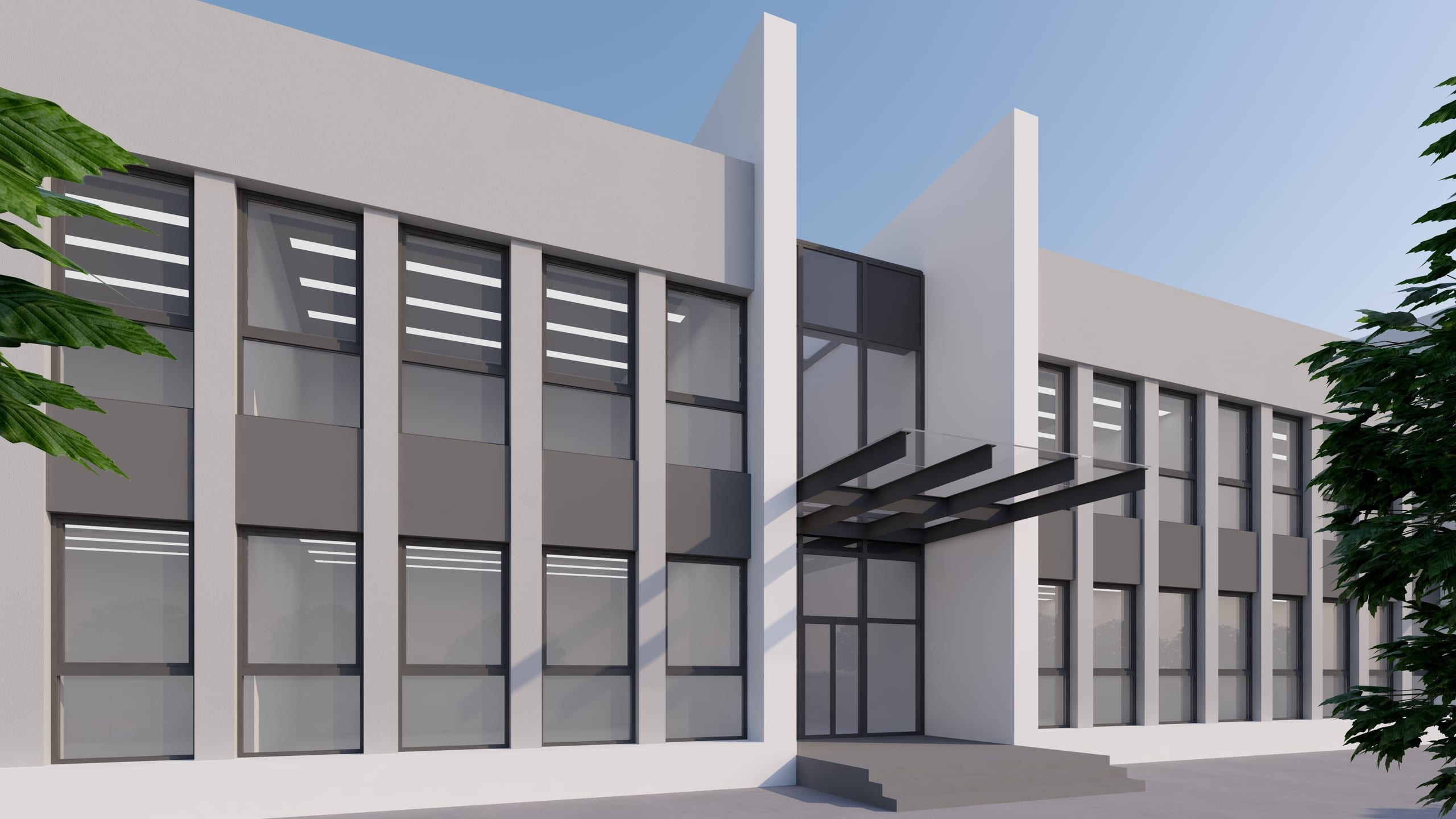 Școala Ocolna — perspectivă de colț, fațadă și acces