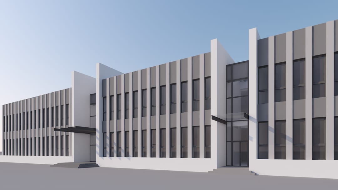 Școala Ocolna — fațada lungă din perspectivă