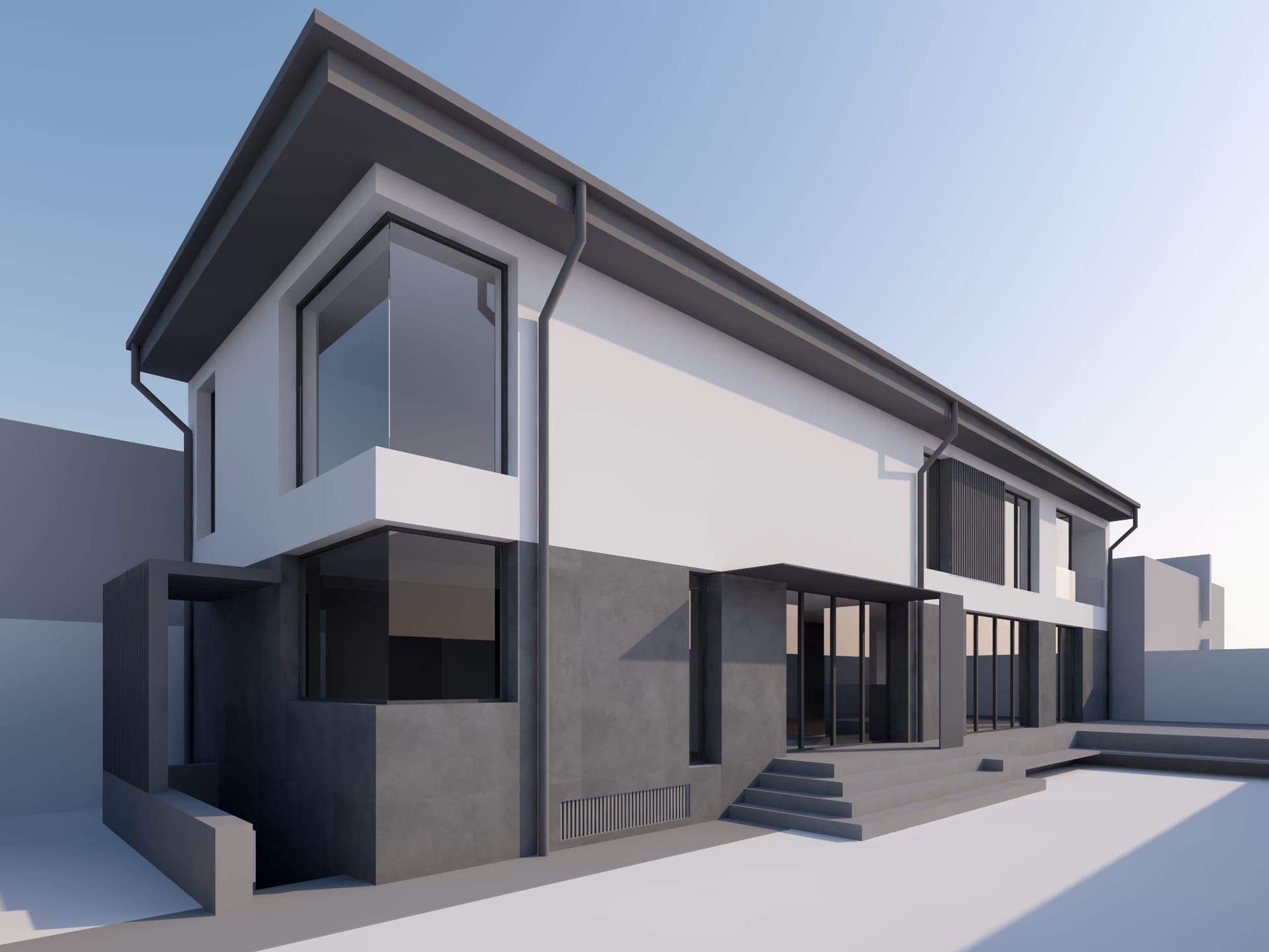 Casa Tătăruși — fațada principală, soclu mineral și volume albe