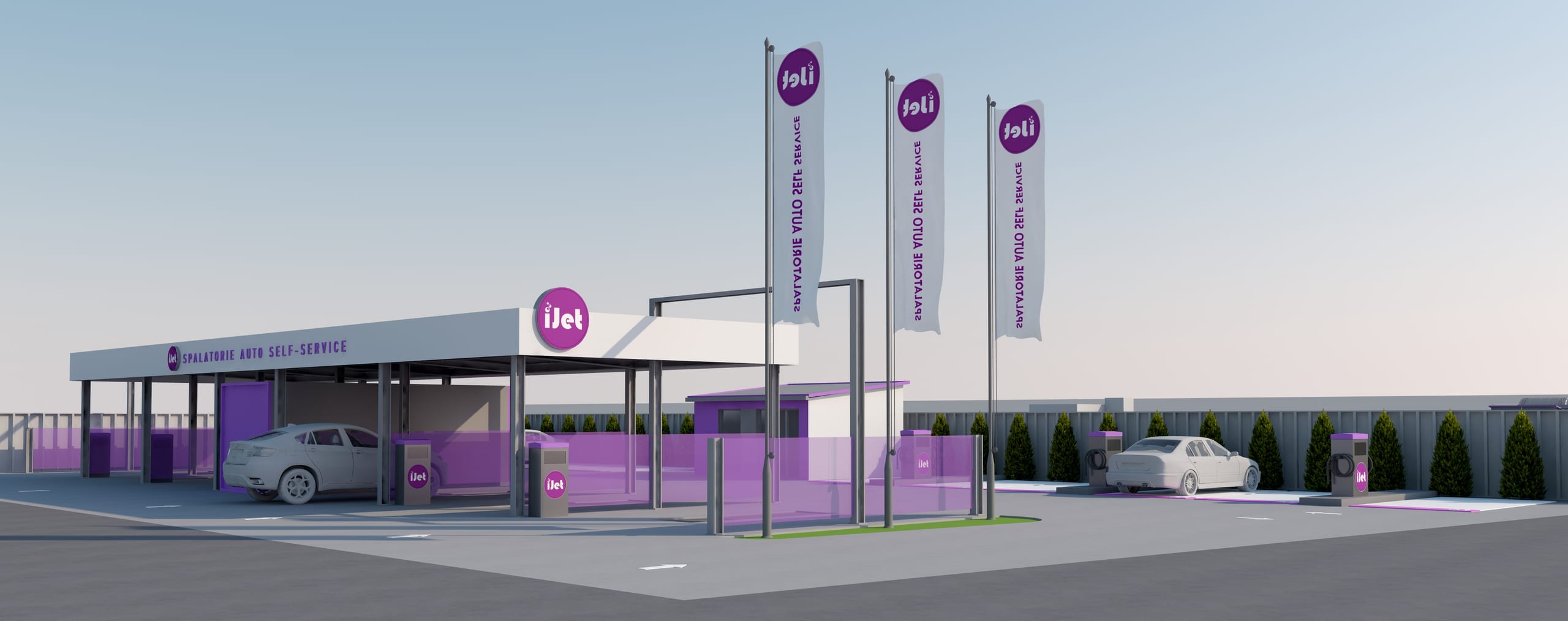 Spălătorie auto Calafat — randare aeriană, organizarea ansamblului comercial