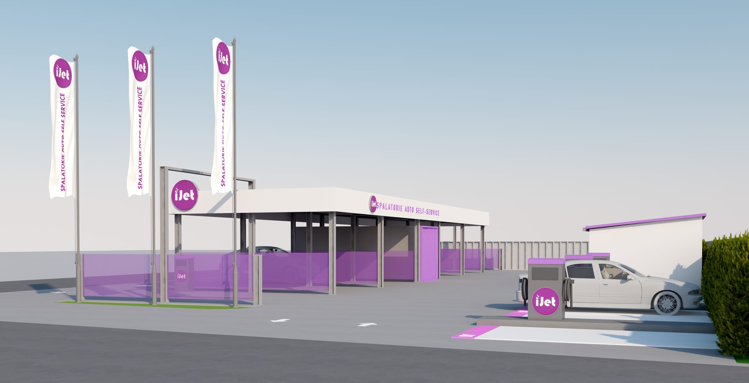 Spălătorie auto Calafat — randare perspectivă cu boxele de spălare