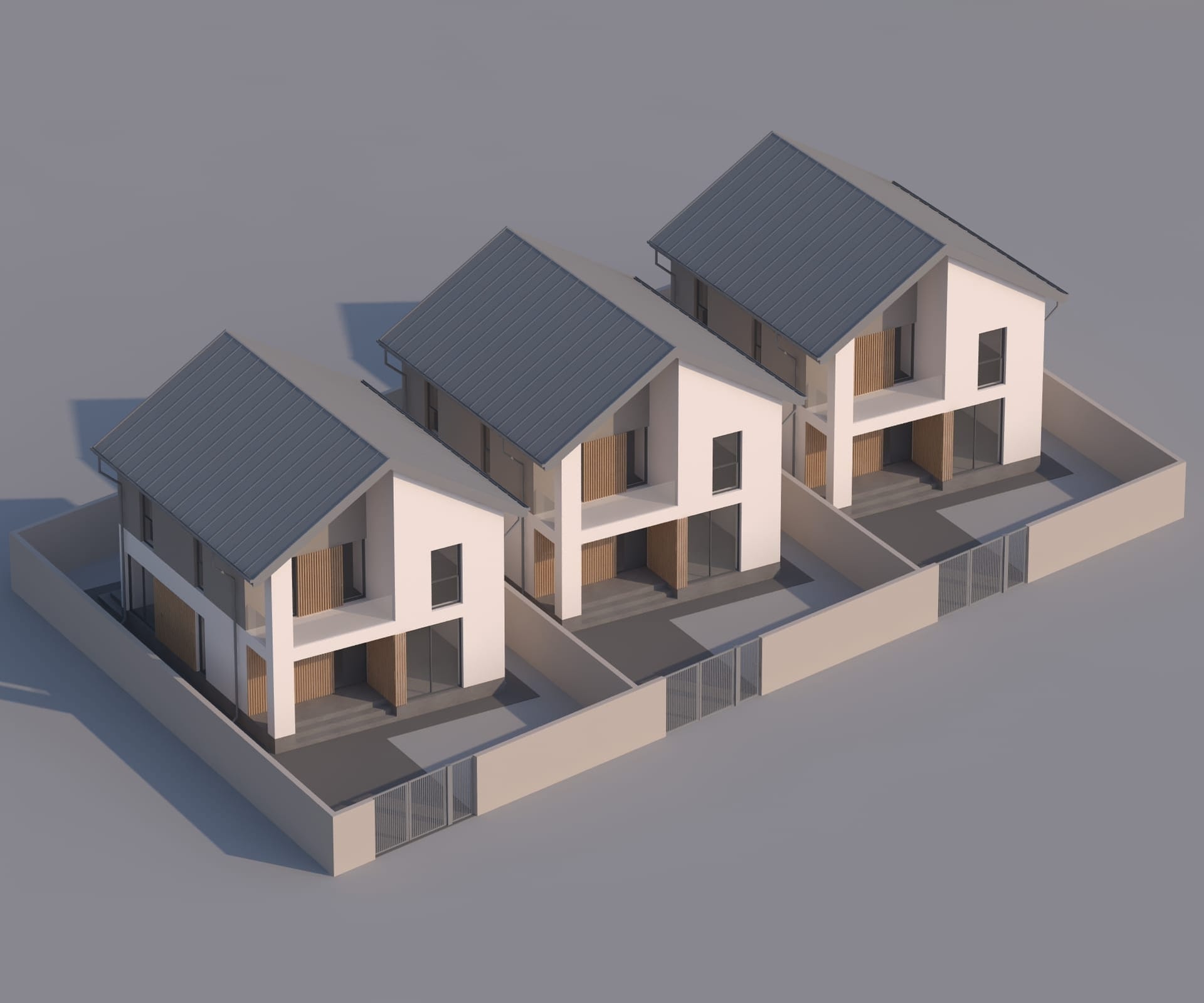 Ansamblu trei locuințe — randare aeriană, organizarea terenului