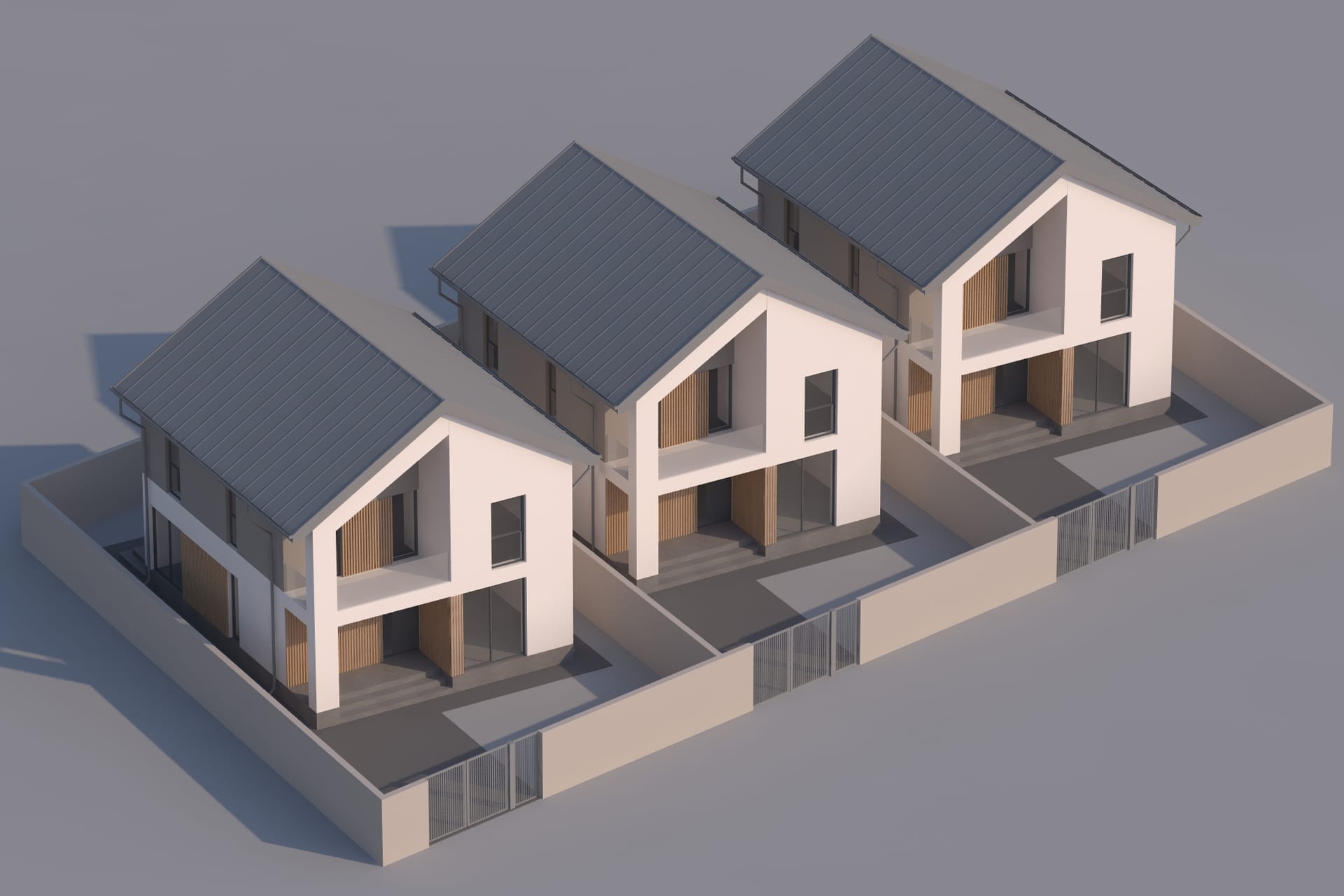 Ansamblu trei locuințe — aeriană apropiată, acoperișuri în două ape