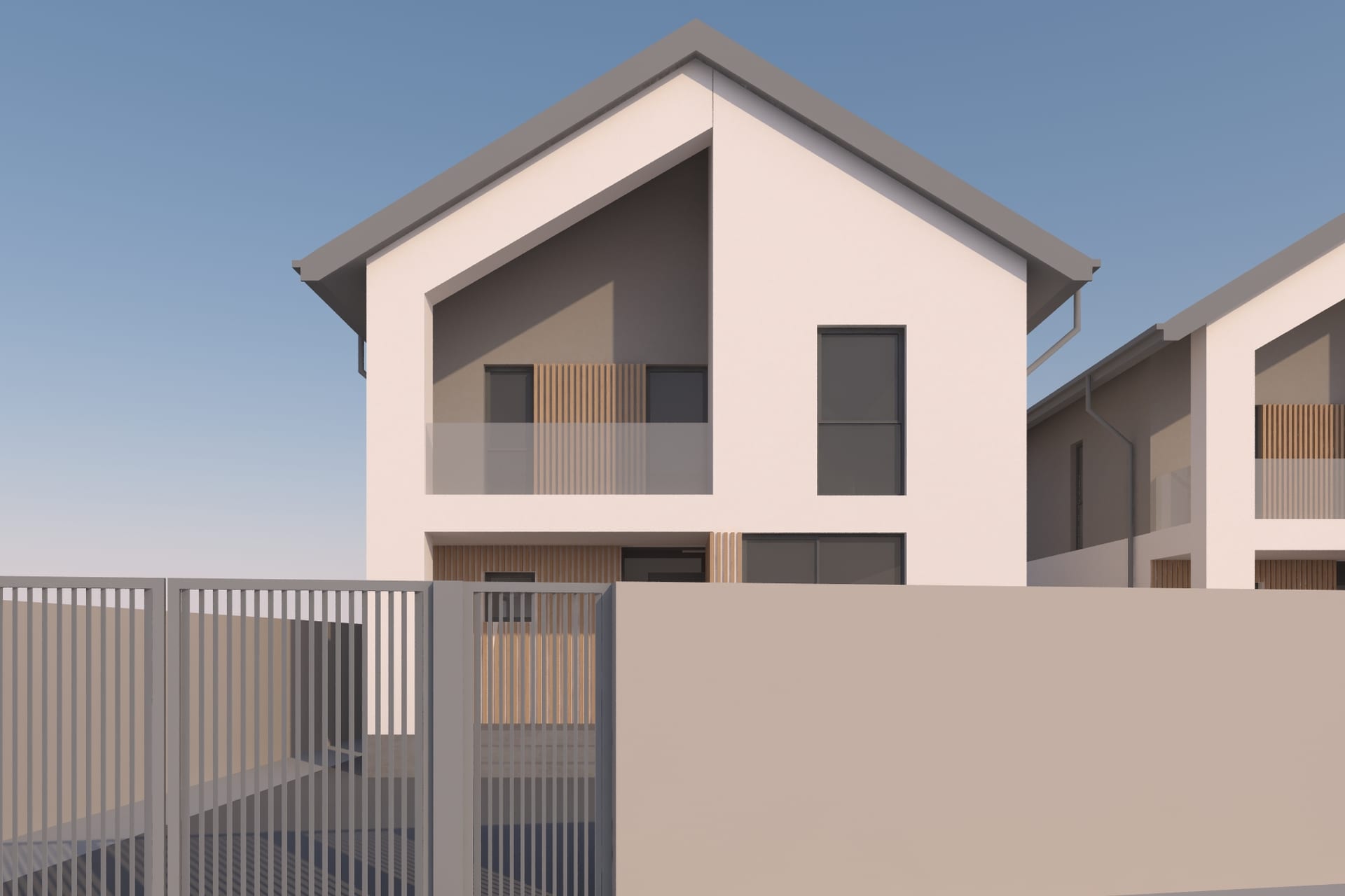 Ansamblu trei locuințe — detaliu fațadă cu accente verticale